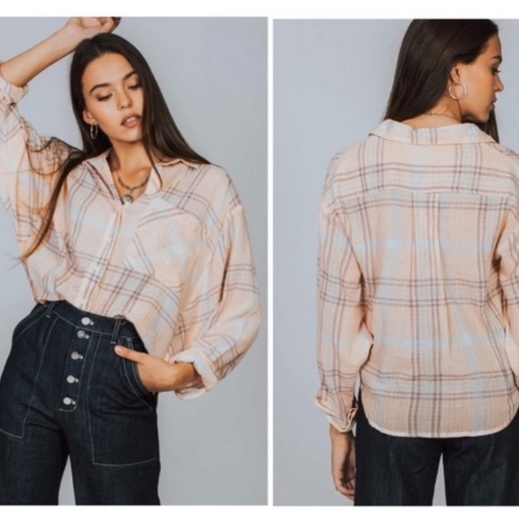 Free People Cutie Cropped Plaid Button Down Top L - Picture 2 of 9
